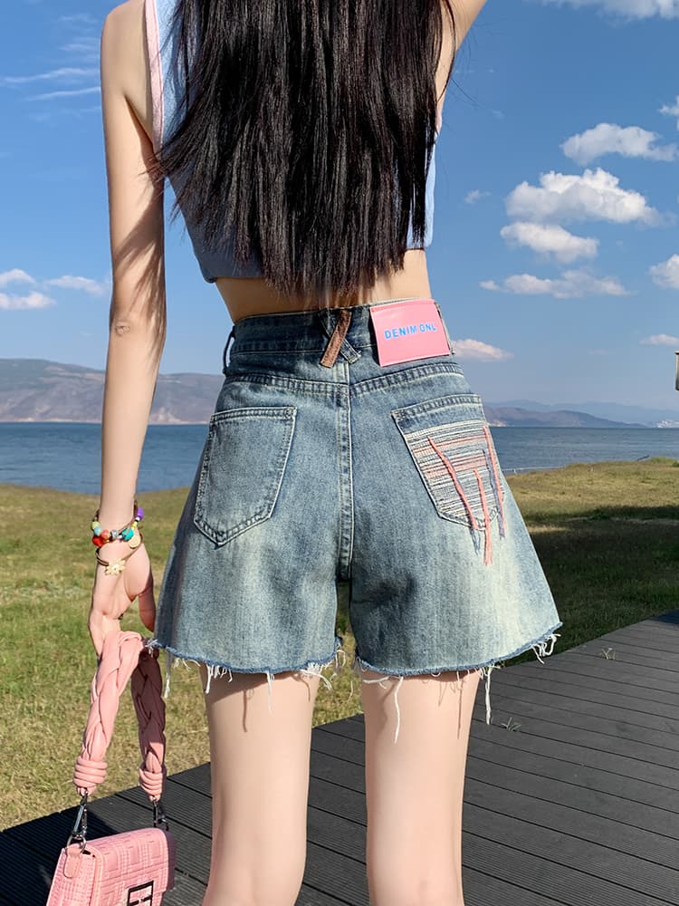ギャルファッション ジーンズ 夏色リラックスフリンジショートパンツ