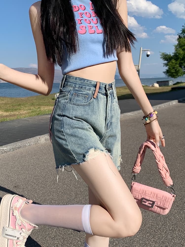ギャルファッション ジーンズ 夏色リラックスフリンジショートパンツ