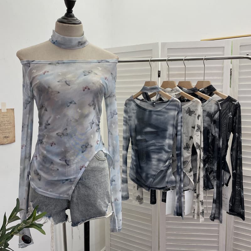 ギャルファッション 蝶々柄メッシュ長袖トップス8色展開