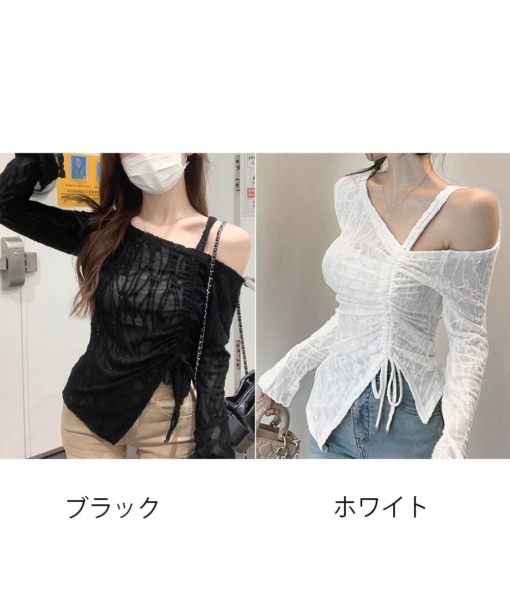 ギャルファッション 片肩見せレースブラウス長袖ギャザーデザイン