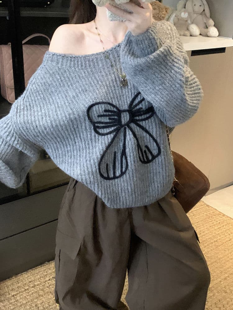 ギャルファッション 秋冬新作リボン刺繍ニットセーター可愛い スウェット
