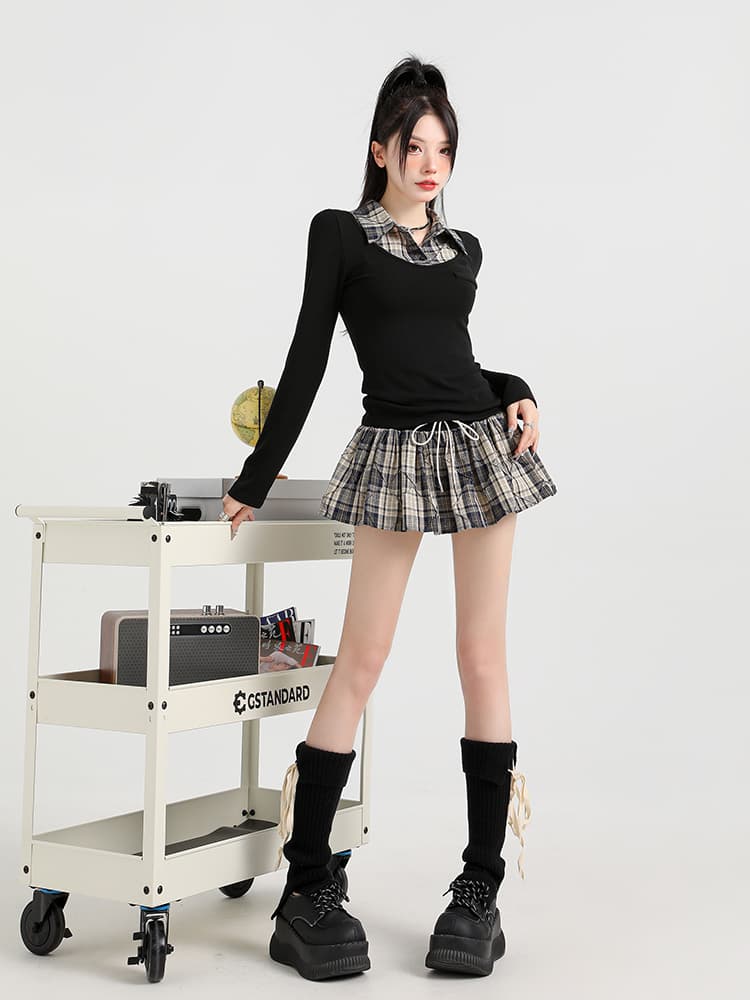 ギャルファッション セットアップ チェック柄襟付きニット＆プリーツスカート