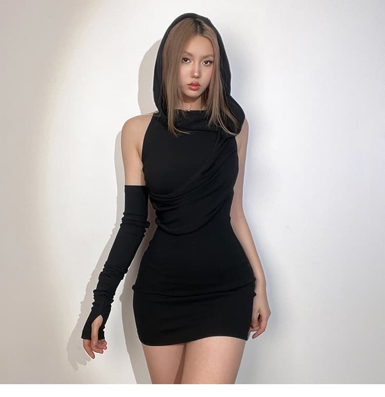 ギャルファッション フード付きタイト ワンピース 黒 セクシー ギャル系
