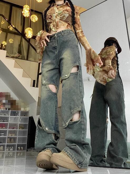 ギャルファッション ジーンズ ギャル系ダメージ加工ワイドデニムパンツ