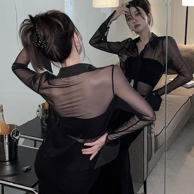 ギャルファッション シースルーリボンシャツ