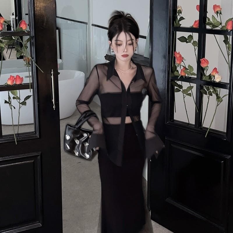 ギャルファッション シースルーリボンシャツ