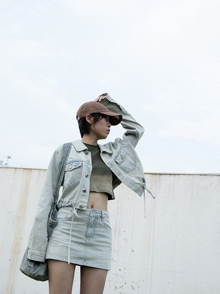 ギャルファッション アウター クロップド裾絞りデニムジャケット