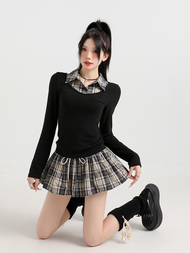 ギャルファッション セットアップ チェック柄襟付きニット＆プリーツスカート