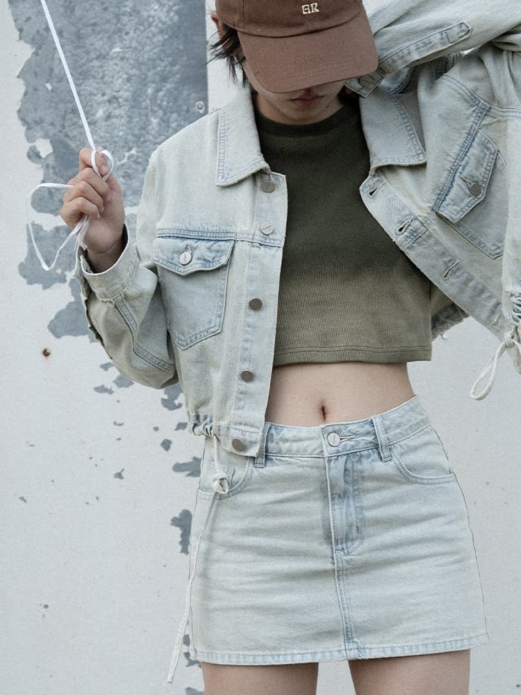 ギャルファッション アウター クロップド裾絞りデニムジャケット