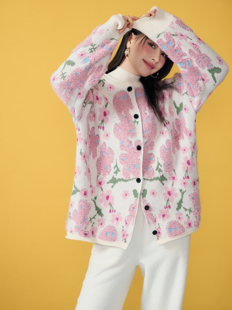 ギャルファッション カーディガン 花柄ふわもこゆめかわカーディガン