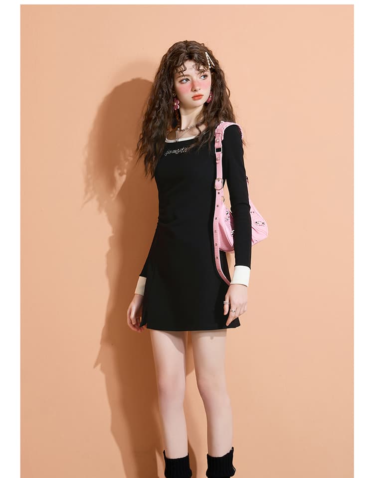 ギャルファッション ワンピース ロゴ入り長袖シンプルミニワンピース