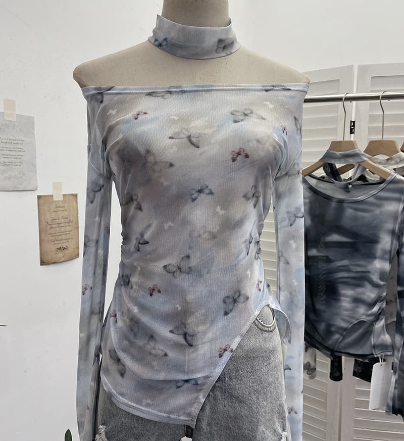 ギャルファッション 蝶々柄メッシュ長袖トップス8色展開