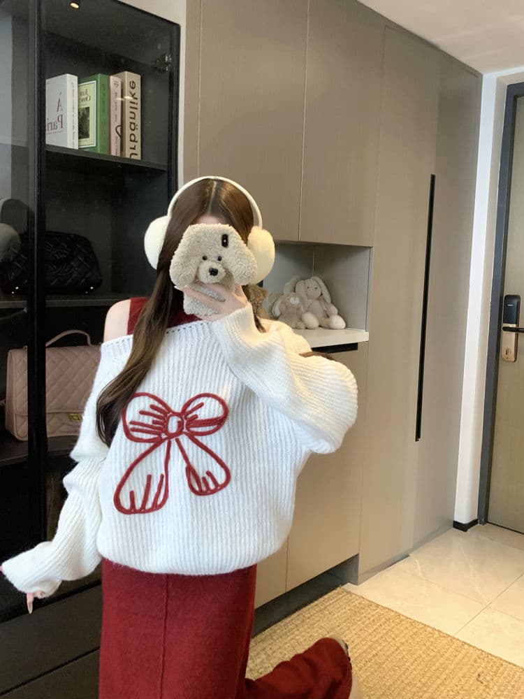 ギャルファッション 秋冬新作リボン刺繍ニットセーター可愛い スウェット