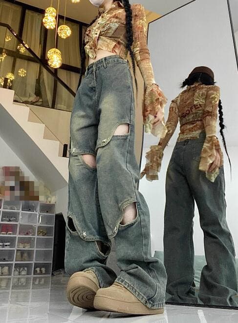 ギャルファッション ジーンズ ギャル系ダメージ加工ワイドデニムパンツ
