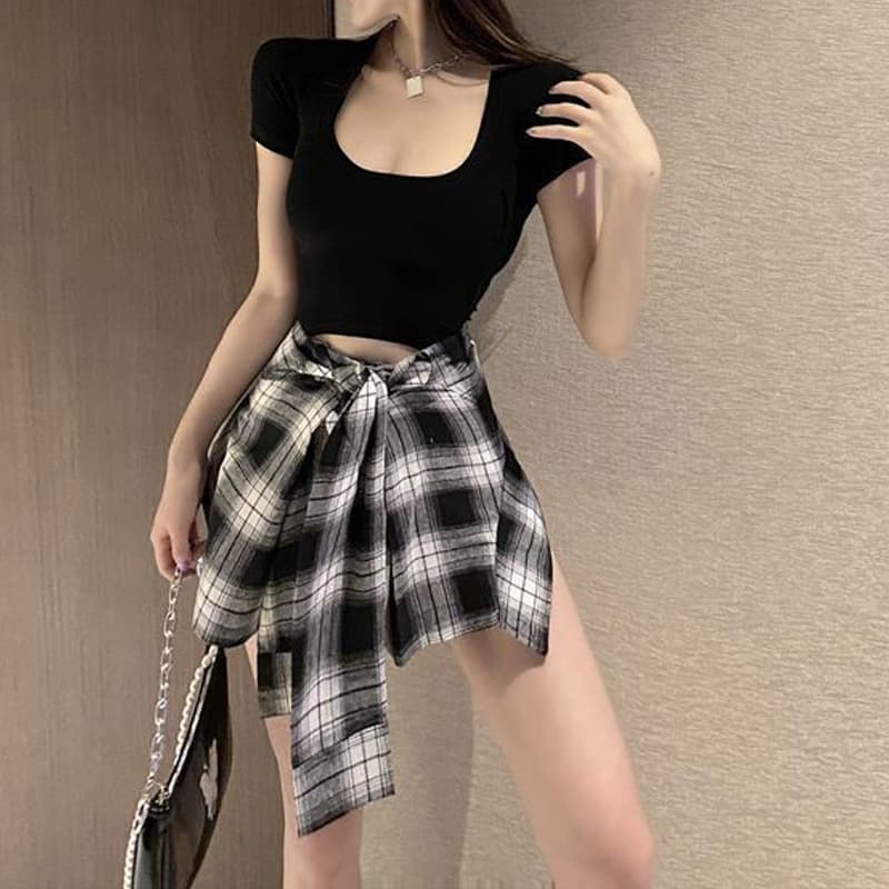 ギャルファッション リボン結び格子柄スカートセット