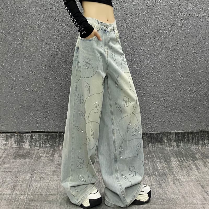 ギャルファッション ジーンズ 花柄刺繍ワイドデニム