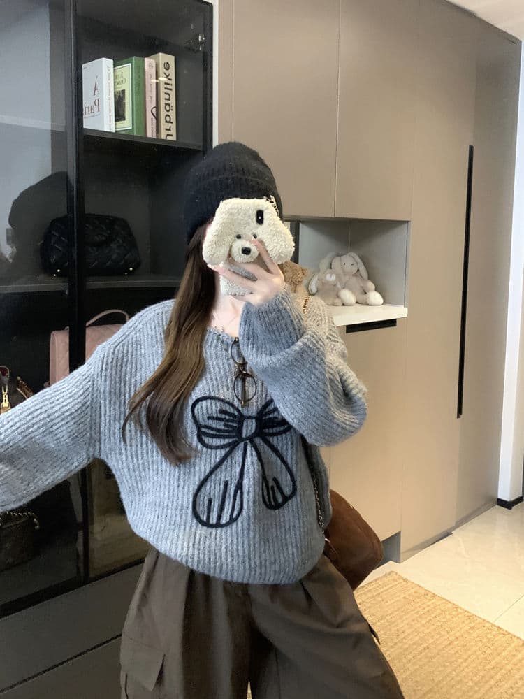 ギャルファッション 秋冬新作リボン刺繍ニットセーター可愛い スウェット