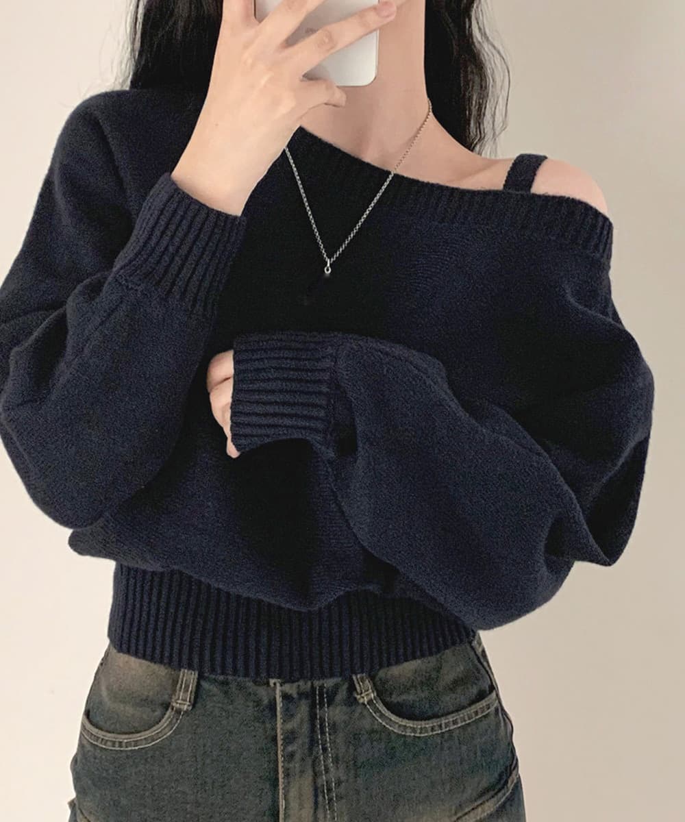 ギャルファッション 肩見せオフショルダーニットトップス