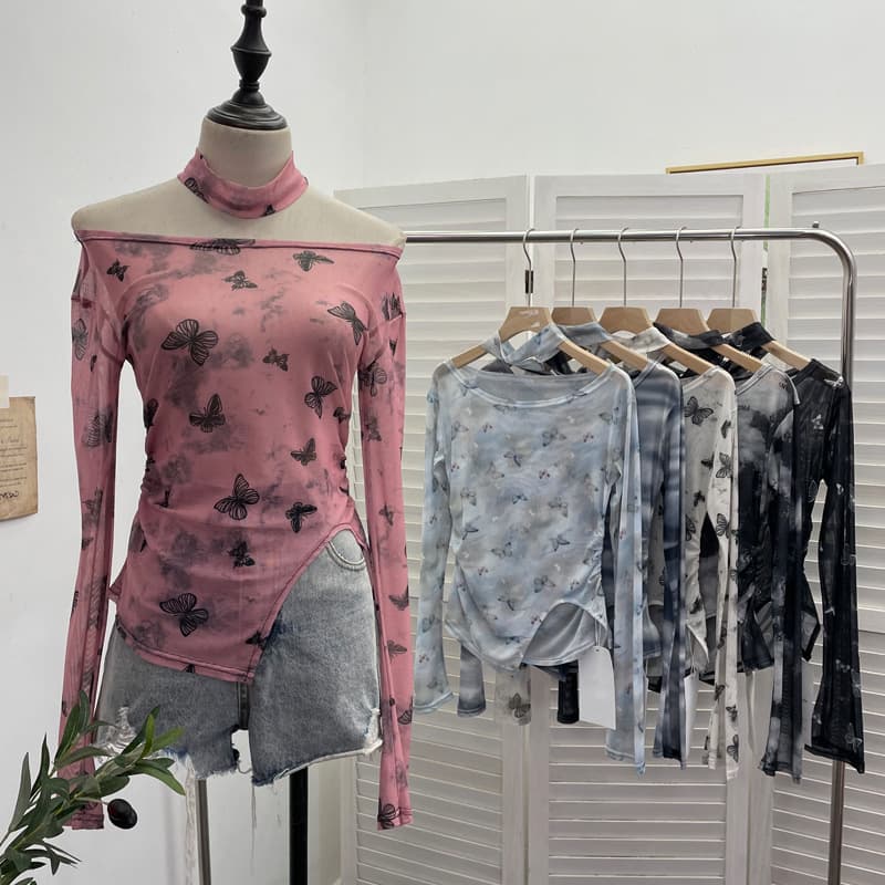 ギャルファッション 蝶々柄メッシュ長袖トップス8色展開