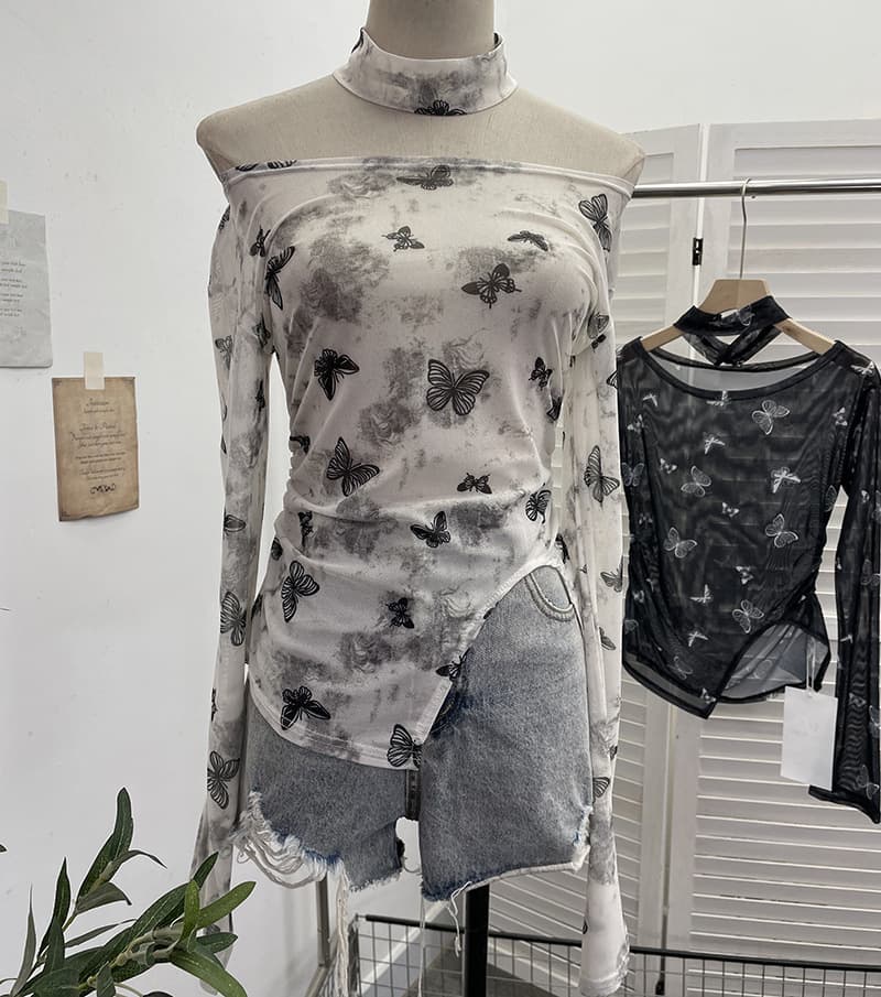 ギャルファッション 蝶々柄メッシュ長袖トップス8色展開