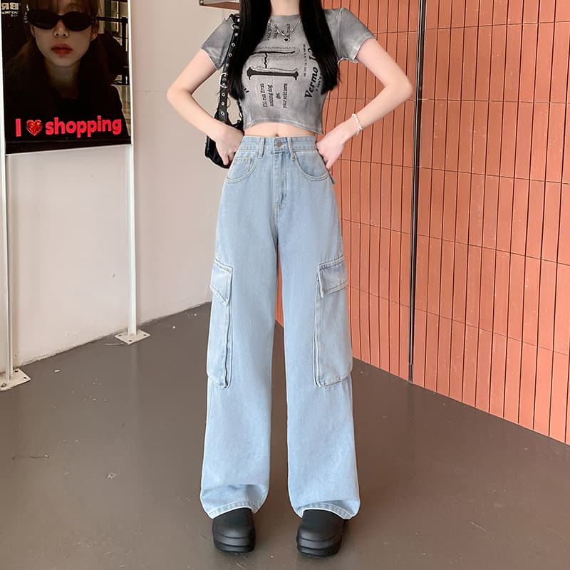 ギャルファッション ジーンズ ゆったりカーゴポケット付き美脚ジーンズ