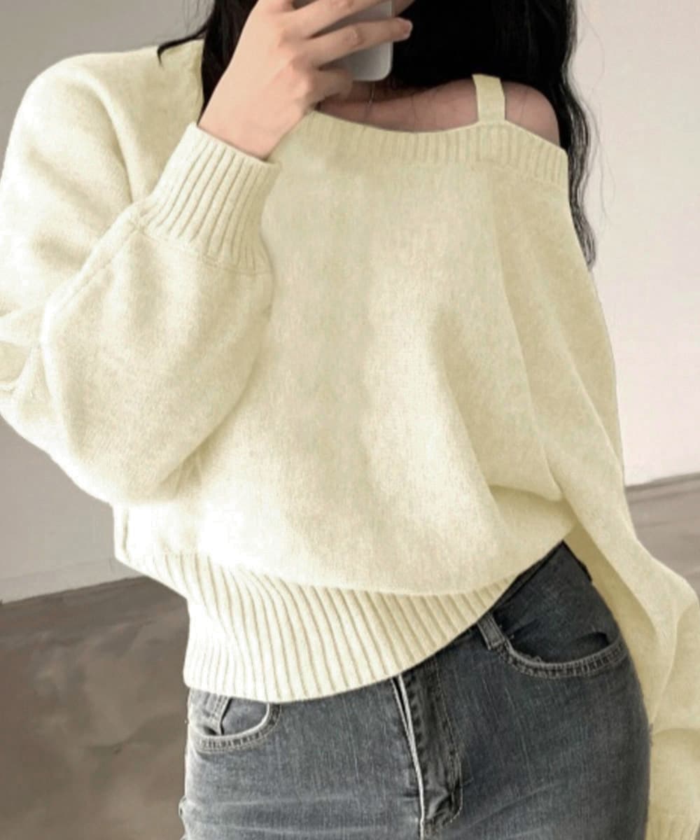 ギャルファッション 肩見せオフショルダーニットトップス