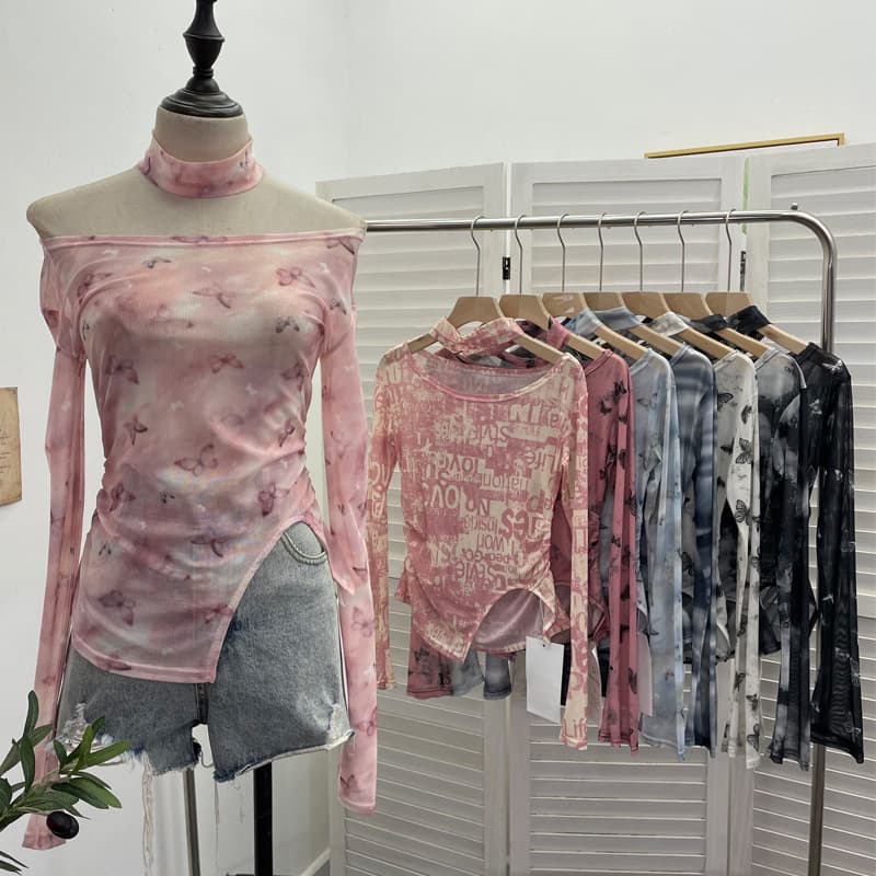 ギャルファッション 蝶々柄メッシュ長袖トップス8色展開