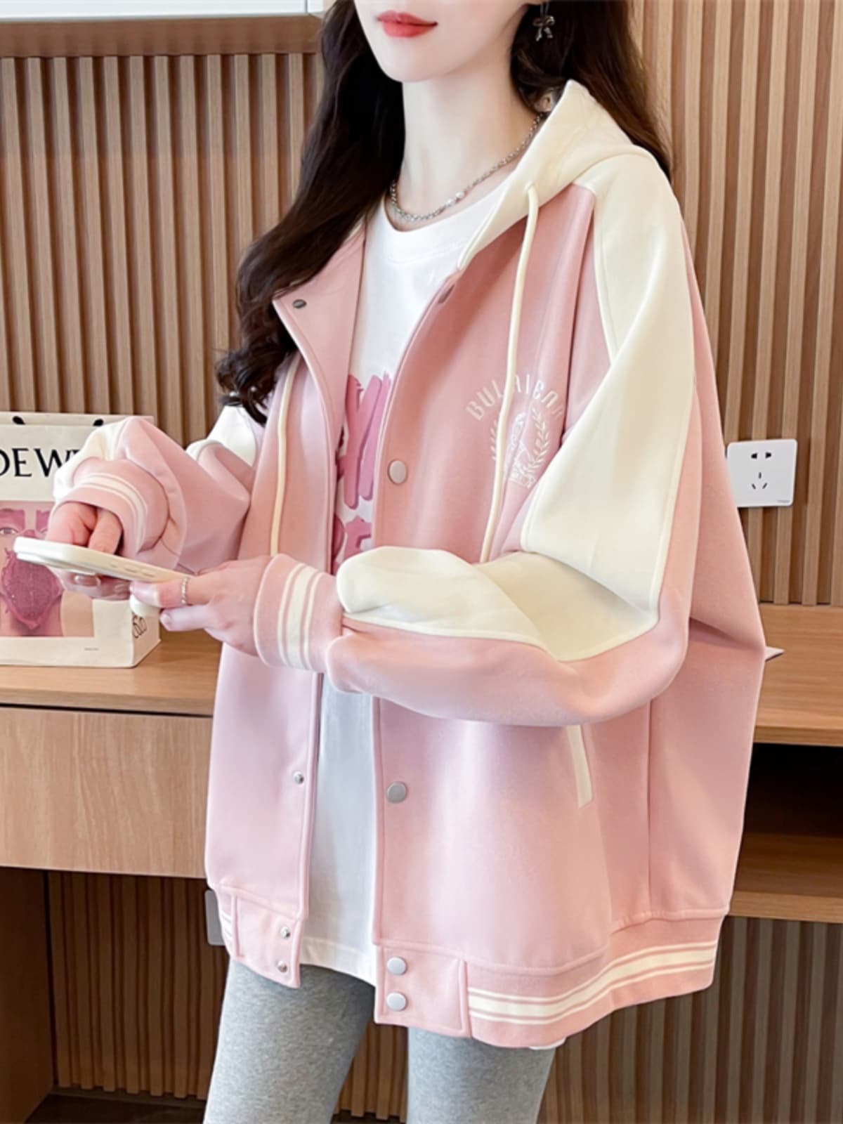 ギャルファッション アウター バイカラー切替フード付きスタジャン