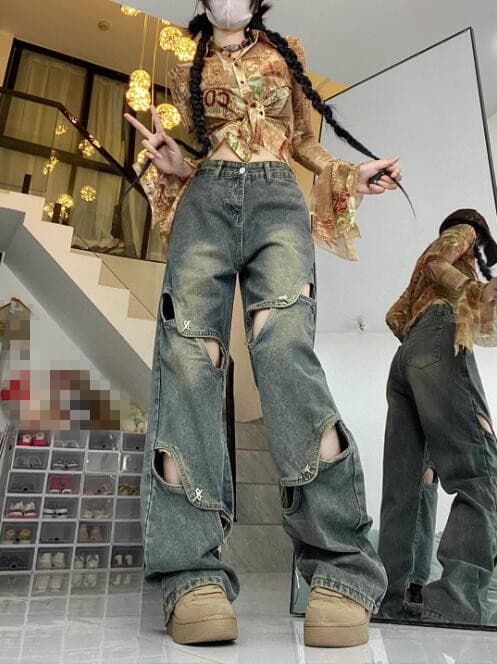 ギャルファッション ジーンズ ギャル系ダメージ加工ワイドデニムパンツ