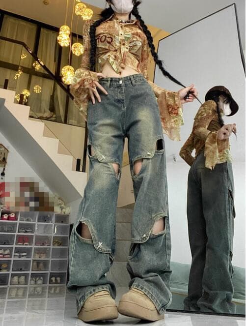 ギャルファッション ジーンズ ギャル系ダメージ加工ワイドデニムパンツ