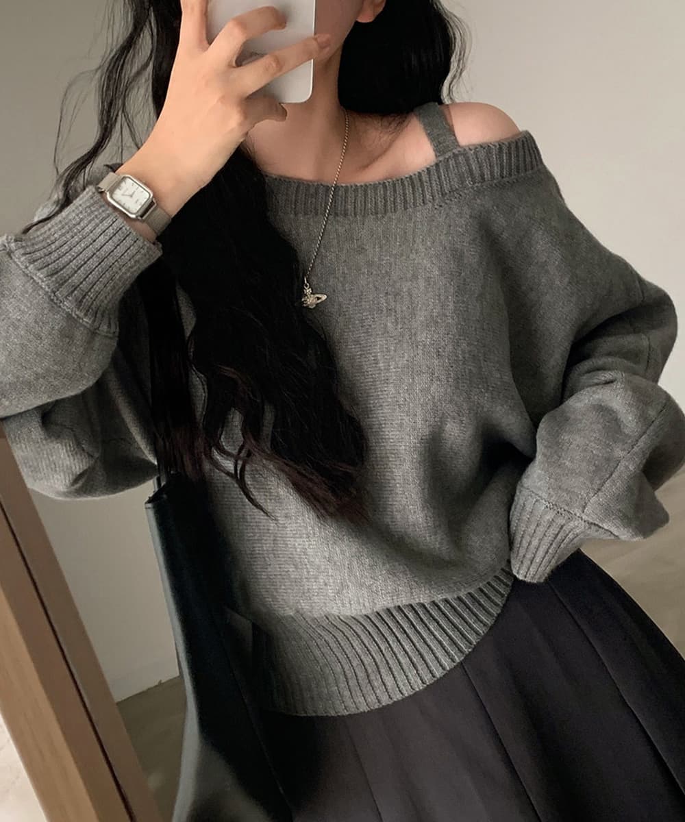 ギャルファッション 肩見せオフショルダーニットトップス