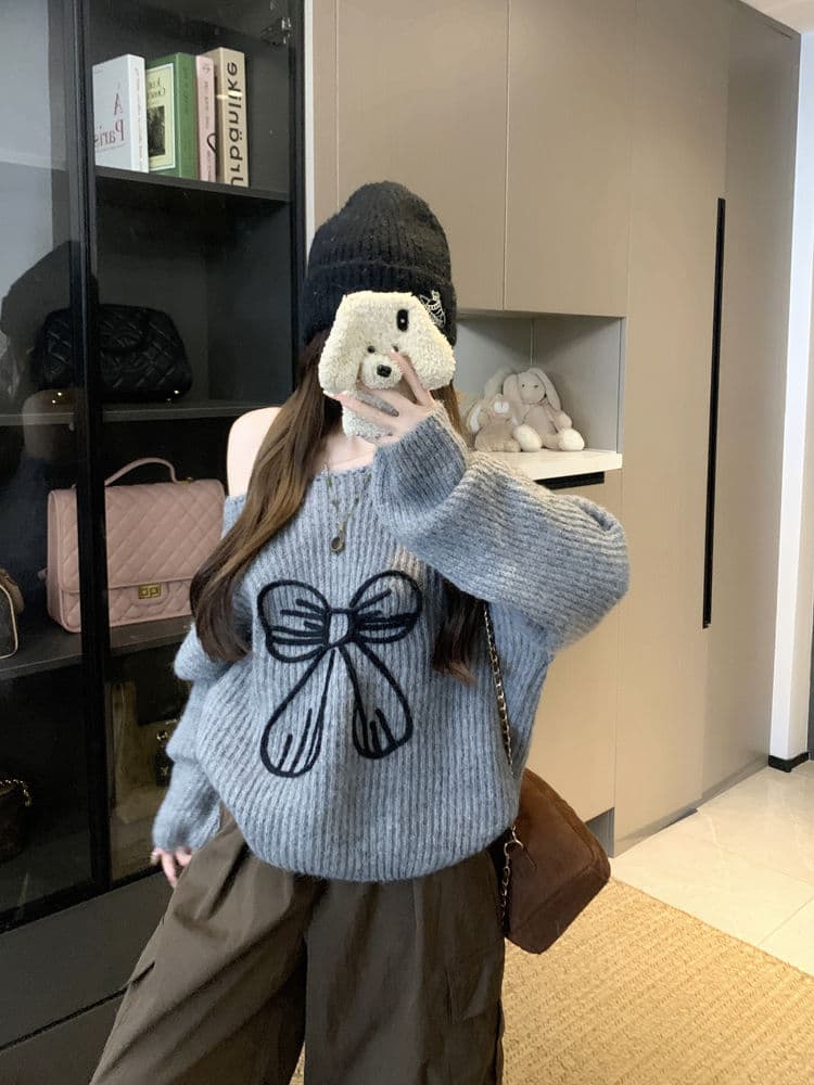 ギャルファッション 秋冬新作リボン刺繍ニットセーター可愛い スウェット