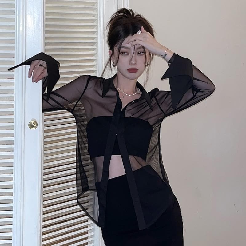 ギャルファッション シースルーリボンシャツ