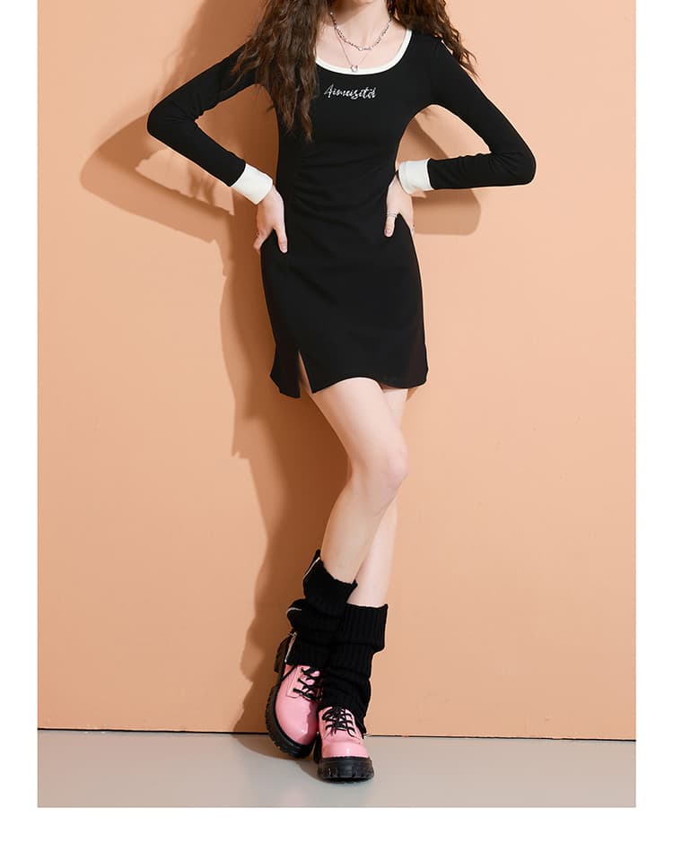 ギャルファッション ワンピース ロゴ入り長袖シンプルミニワンピース