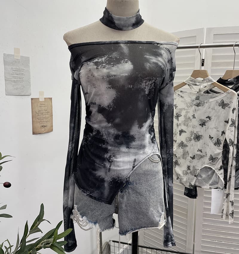 ギャルファッション 蝶々柄メッシュ長袖トップス8色展開