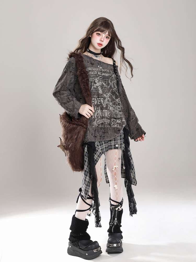 ギャルファッション ダメージ加工オフショルダーロック風長袖トップス