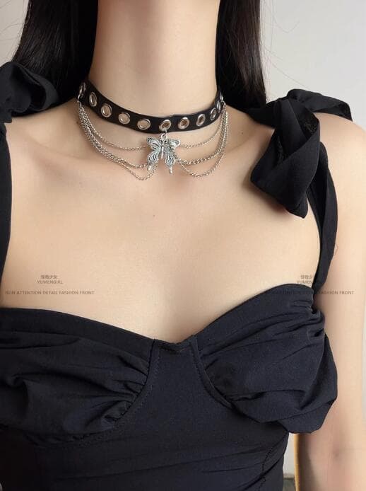 ギャルファッション アクセサリー 蝶々モチーフ暗黒系チョーカーネックレス