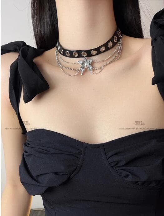 ギャルファッション アクセサリー 蝶々モチーフ暗黒系チョーカーネックレス