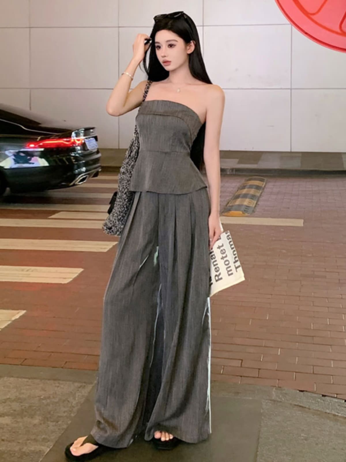 ギャルファッション セットアップ ベアトップワイドパンツセットアップ