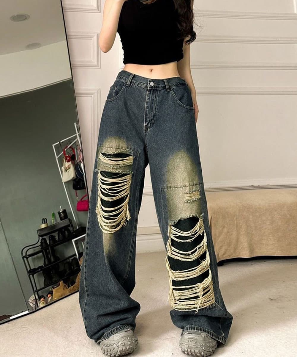 ギャルファッション ジーンズ 大胆ダメージ加工バギーデニムパンツ古着風