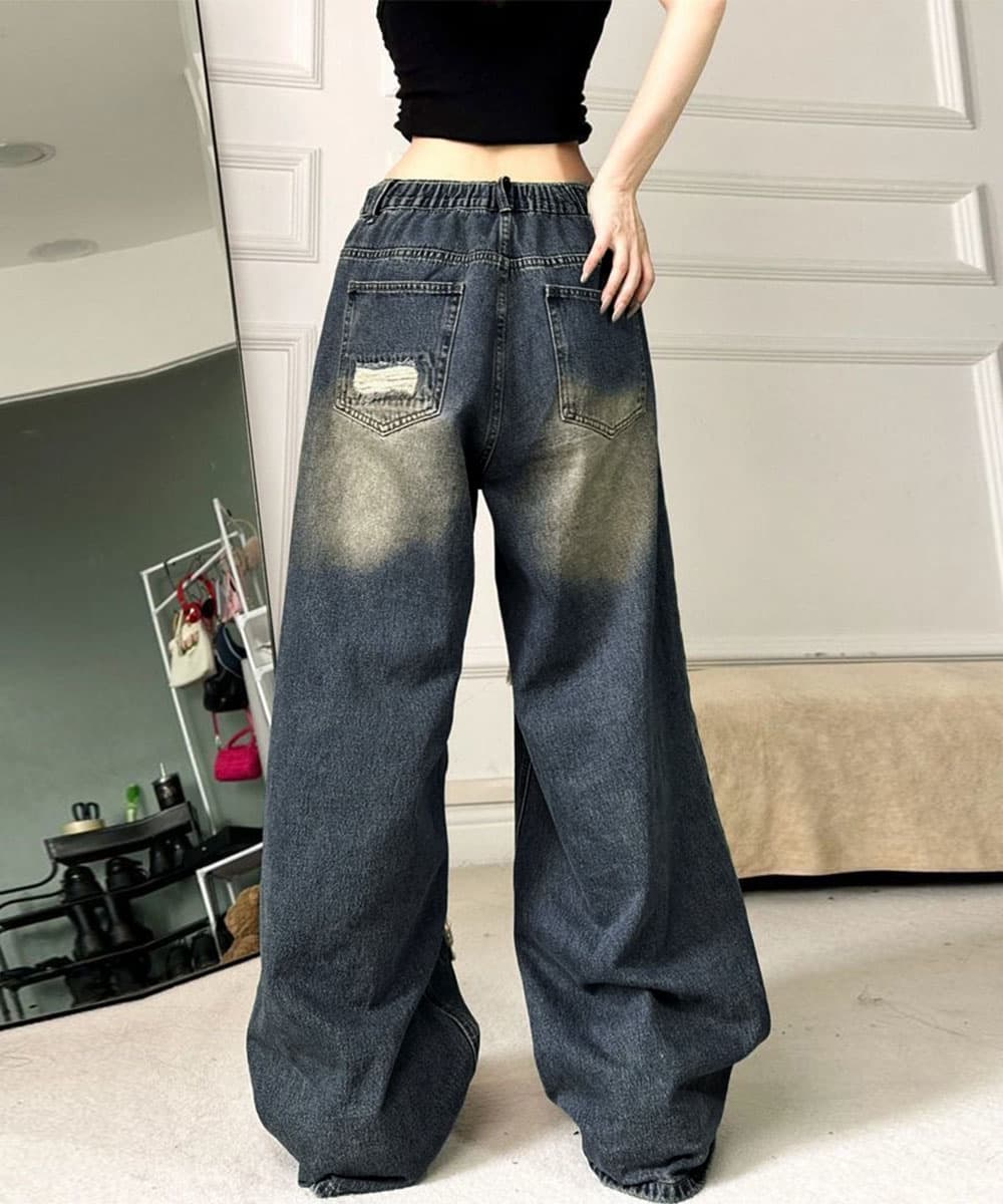 ギャルファッション ジーンズ 大胆ダメージ加工バギーデニムパンツ古着風