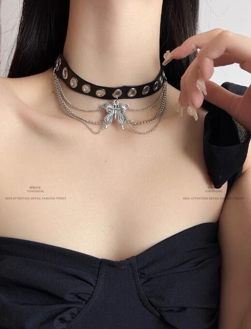 ギャルファッション アクセサリー 蝶々モチーフ暗黒系チョーカーネックレス
