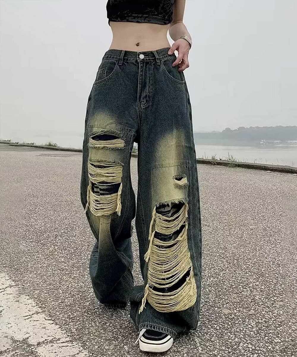 ギャルファッション ジーンズ 大胆ダメージ加工バギーデニムパンツ古着風