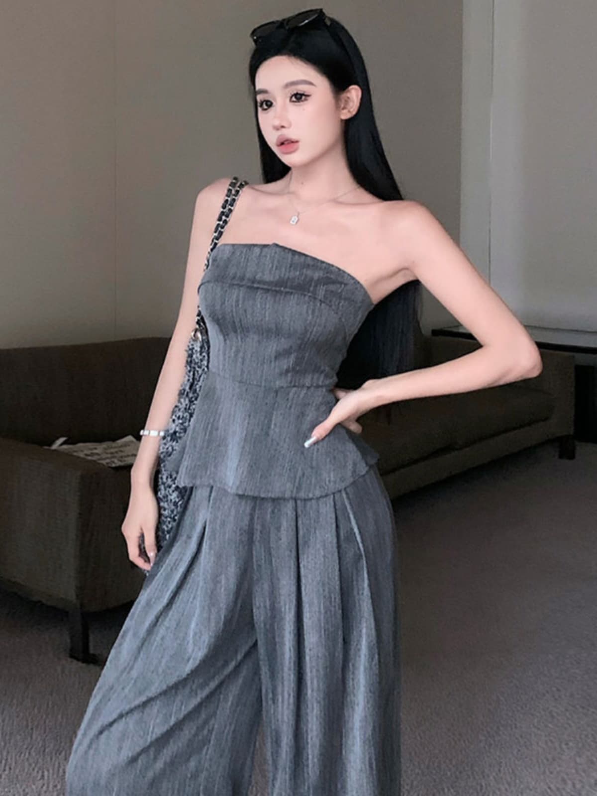 ギャルファッション セットアップ ベアトップワイドパンツセットアップ