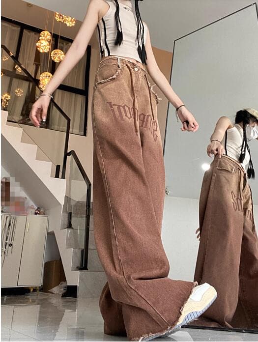 ギャルファッション ジーンズ ゆるだぼ ブラウン デニム ワイドパンツ 男女兼用