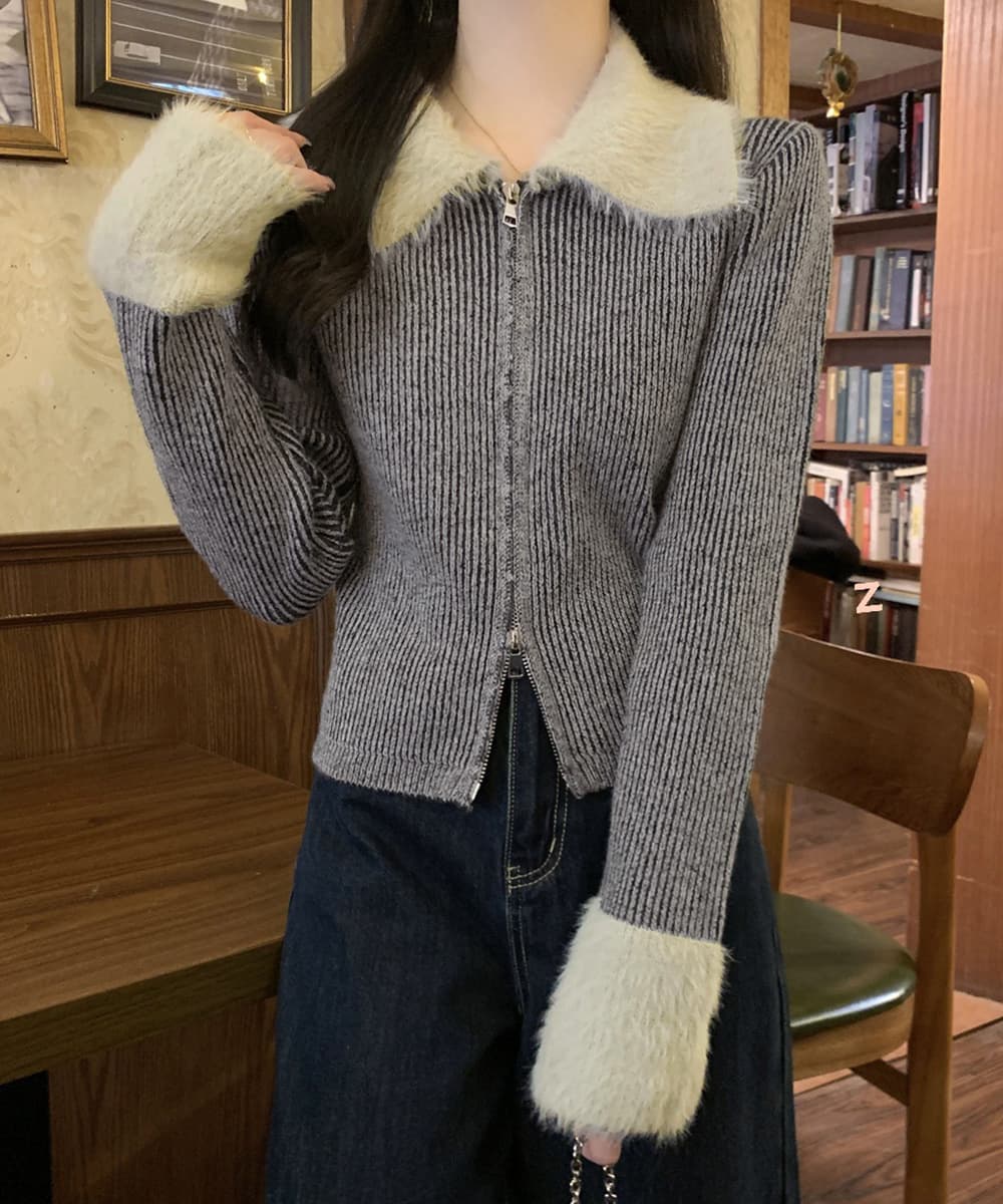 ギャルファッション ファー袖口ダブルジップニットカーディガン