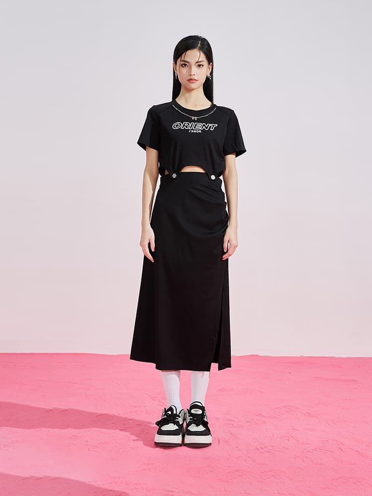 ギャルファッション ワンピース ウエスト魅せ スリット入りロングワンピース
