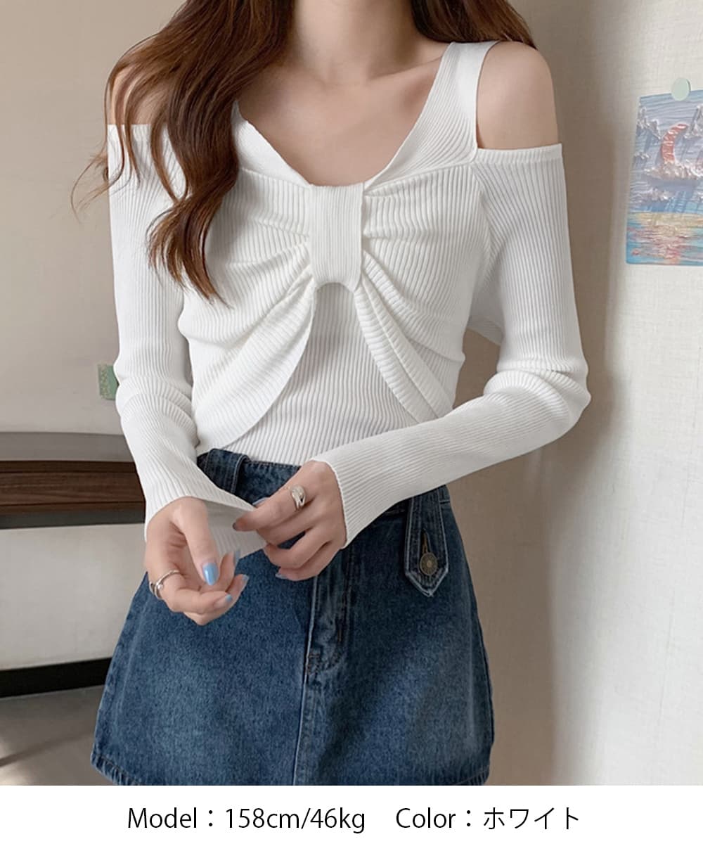 ギャルファッション フロントリボン肩出しリブニットトップス