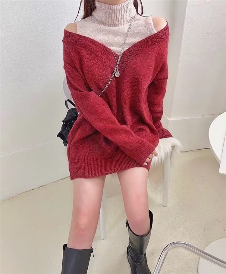 ギャルファッション タートルネック重ね着風ニットワンピース