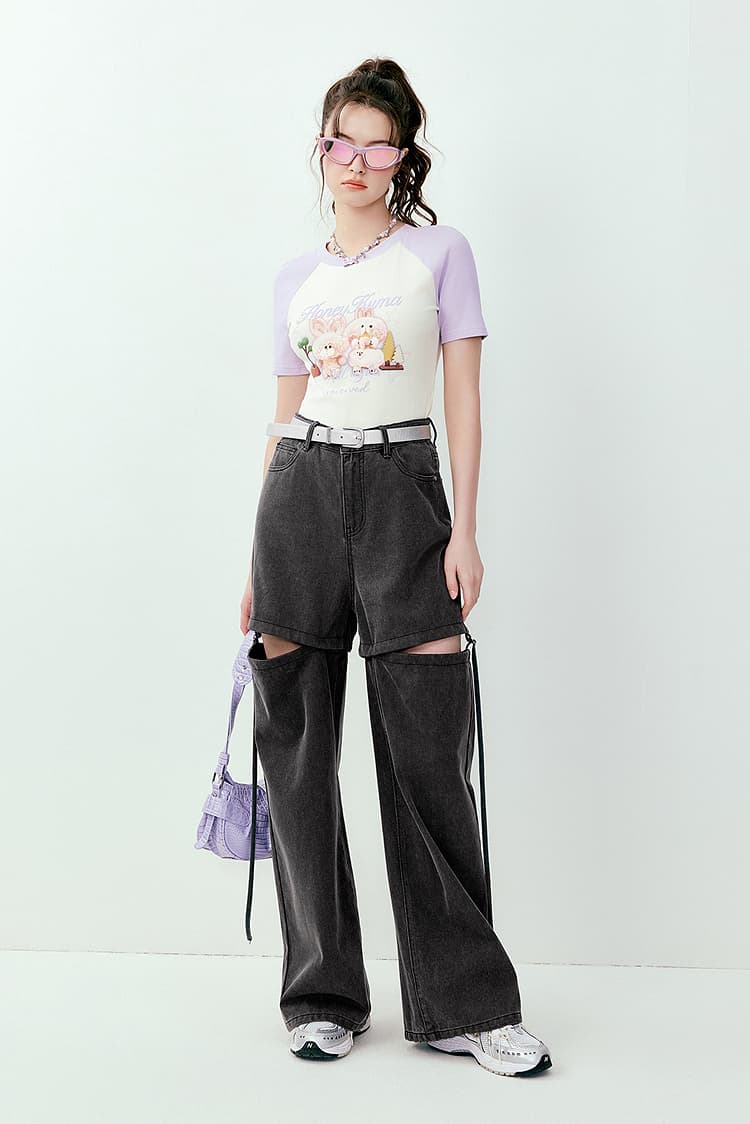 ギャルファッション 二段重ね脱着式ワイドデニム